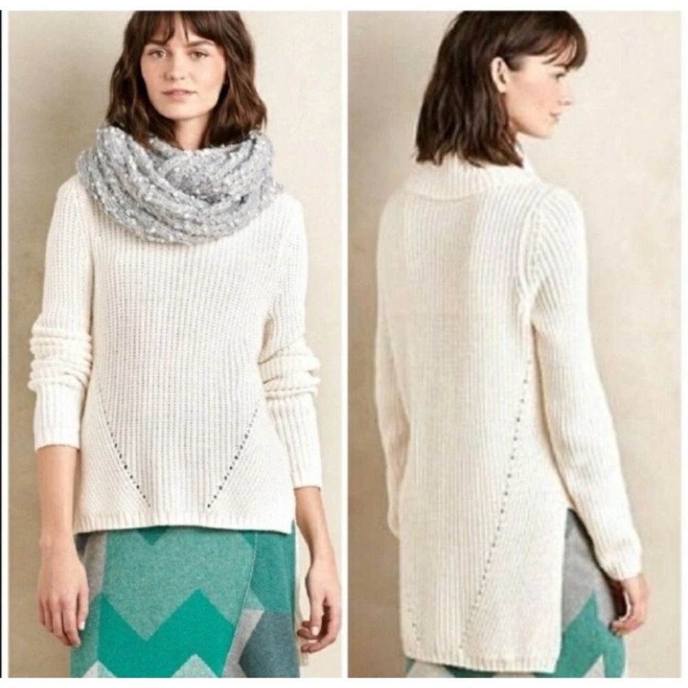 Moth Anthropologie Chunky Rib Knit High Low Turtleneck Sweater Ivory Medium